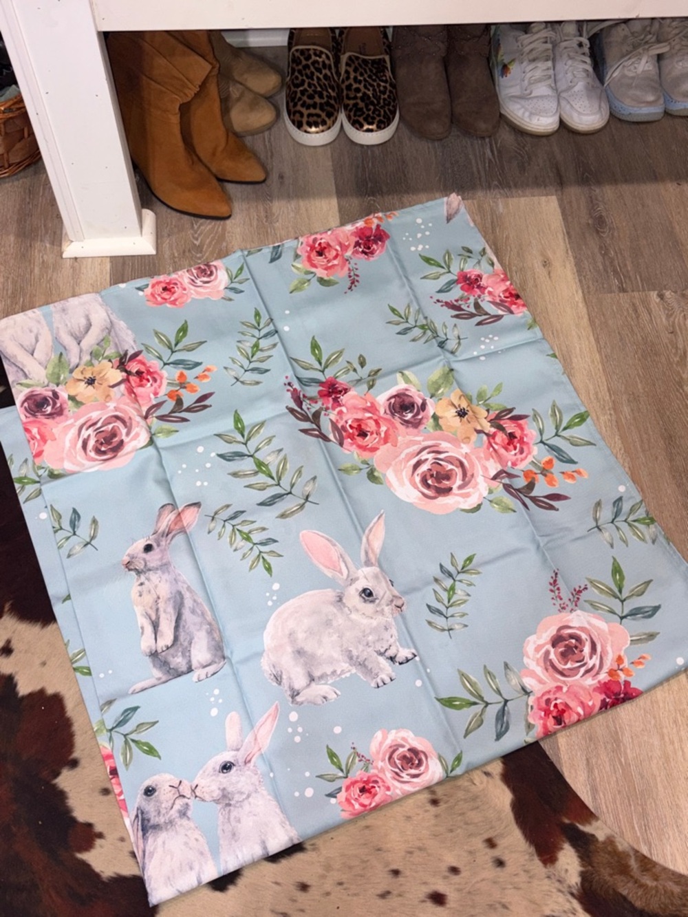 Baby Blue Bunny & Rose Floral fabric table cloth